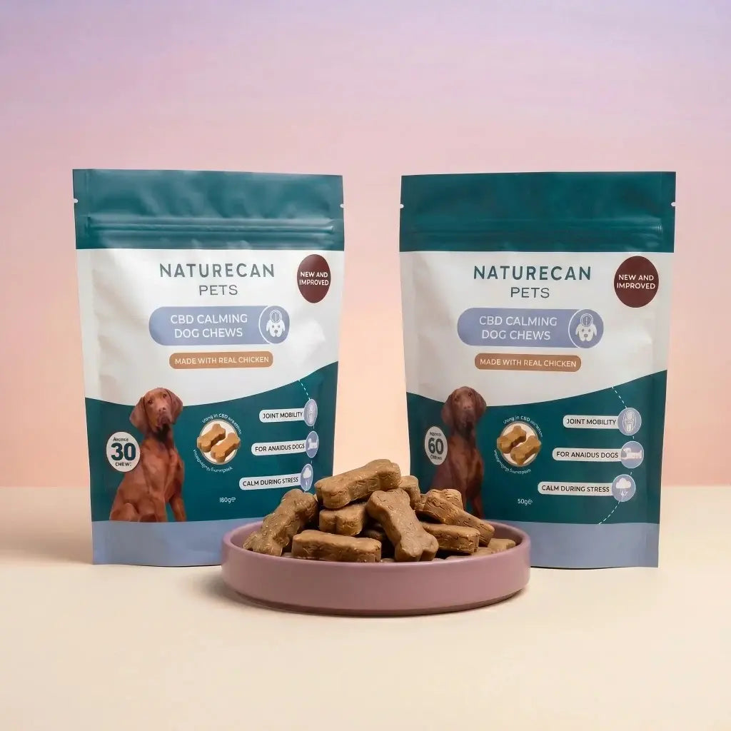 Two packages of Naturecan Pets CBD Calming Dog Chews with a bowl of treats on a light pink background.