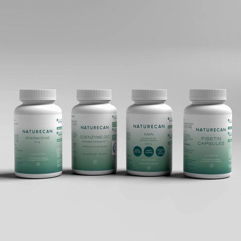 Four Naturecan supplement bottles labeled Spermidine, Coenzyme Q10, NMN, and Fisetin Capsules are displayed.