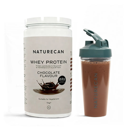 Whey Protein Powder in a chocolate flavour container with a matching shaker filled with a chocolate drink.