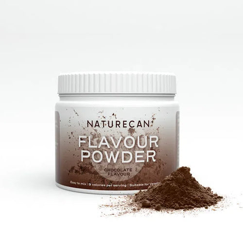 Naturecan Flavour Powder in a white jar with a chocolate flavour label and some powder spilled in front.