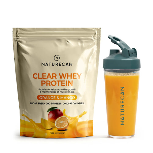 Packet of Fruity Whey Protein Isolate, Orange & Mango flavor, next to a shaker with an orange drink.