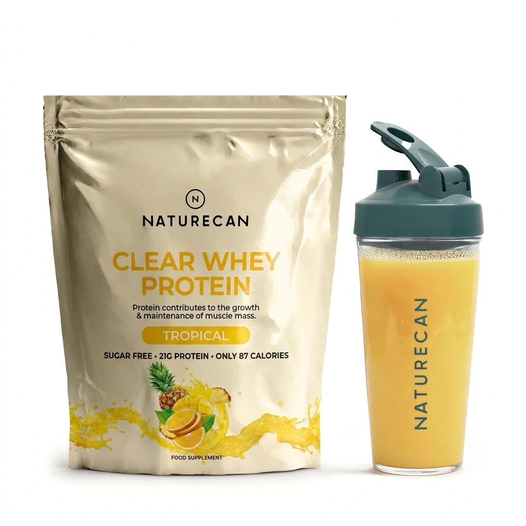 Naturecan Clear Whey Protein package and shaker with orange liquid on a white background