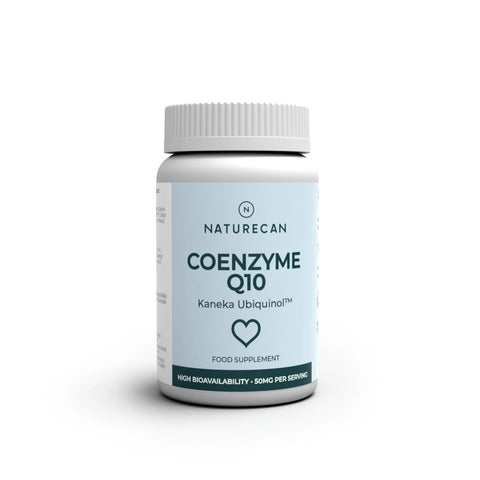 CoQ10 capsules in a white bottle with a light blue label featuring a heart icon and "Naturecan" branding.