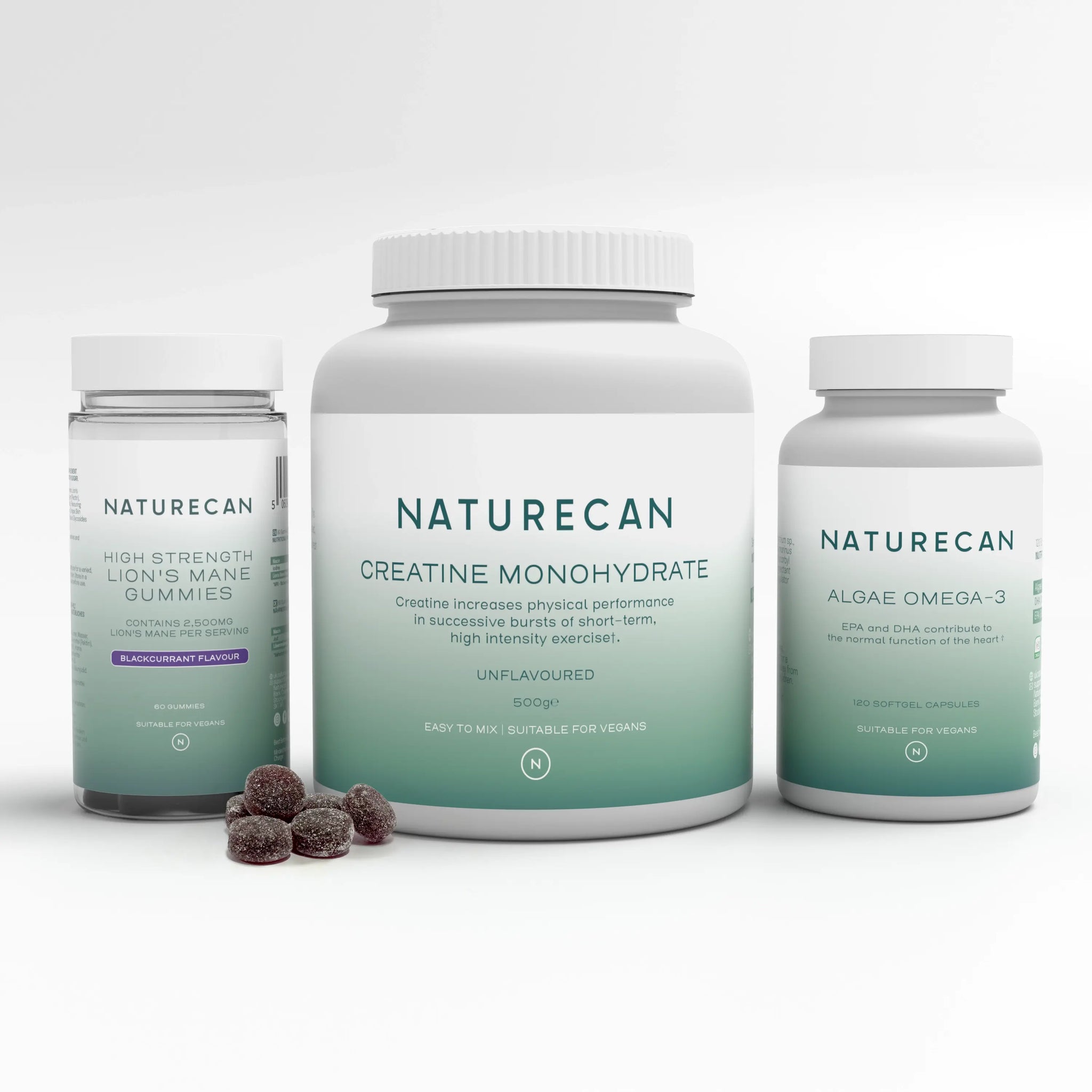 Three Naturecan supplement bottles on a white background