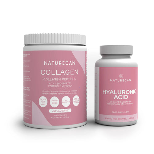 Beauty Supplements Skincare Bundle featuring Naturecan Collagen Peptides and Hyaluronic Acid bottles.