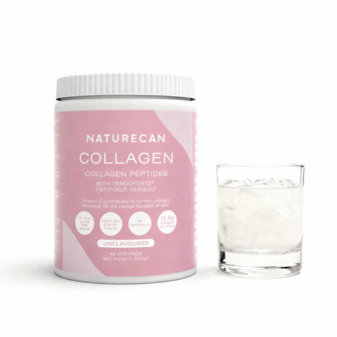 A jar of Naturecan Collagen Peptides Powder with a glass of water beside it.