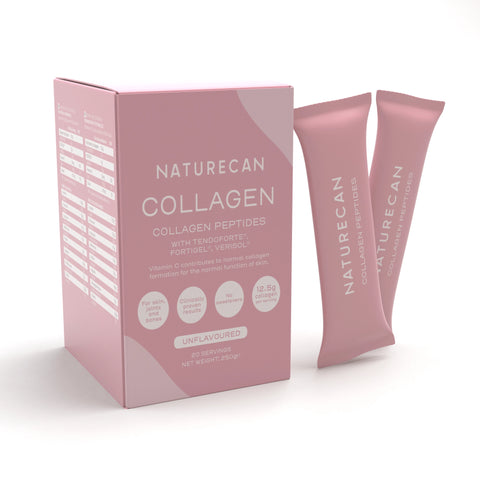 Pink box of Collagen Sachets with two sachets standing beside it, labeled as unflavoured with 12.5g collagen per...