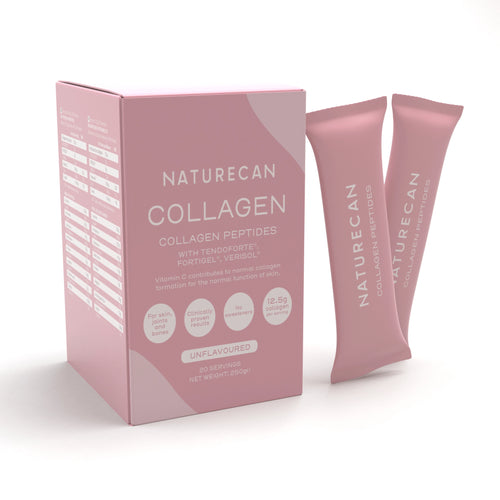 Pink box of Collagen Sachets with two sachets standing beside it, labeled as unflavoured with 12.5g collagen per...