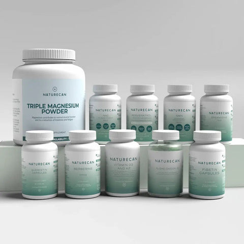 Complete Longevity Bundle with various Naturecan supplement bottles, including Triple Magnesium Powder.