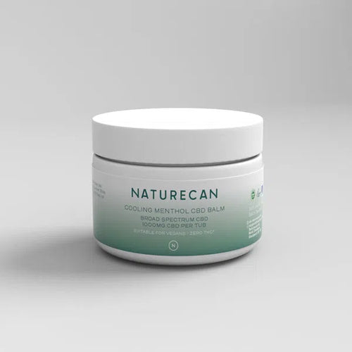 A white jar labeled "Naturecan Cooling Menthol CBD Balm" with 1000mg CBD is shown against a plain background.