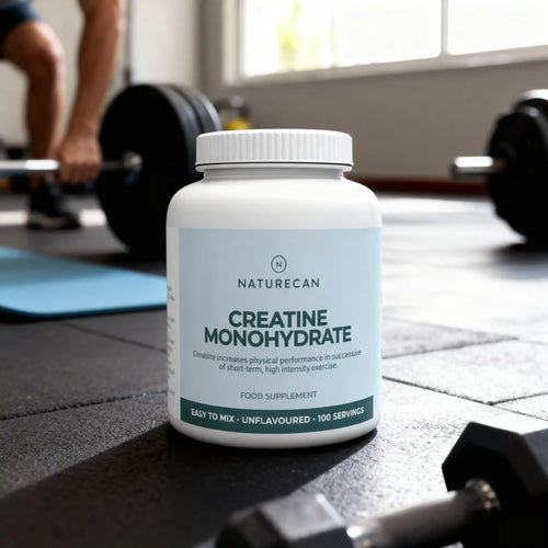 White Naturecan Creatine Monohydrate container on a gym floor, labeled as unflavoured with 100 servings.