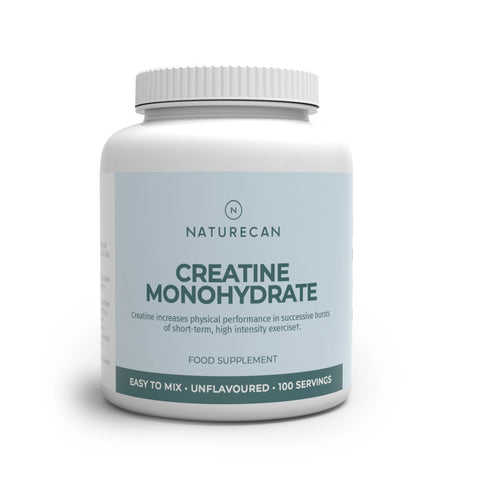 White container of Naturecan Creatine Monohydrate, labeled as unflavoured with 100 servings.