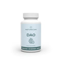 White bottle of DAO (Diamine Oxidase) Supplement with a light blue label and digestive system icon.