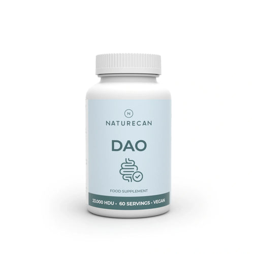 White bottle of DAO (Diamine Oxidase) Supplement with a light blue label and digestive system icon.