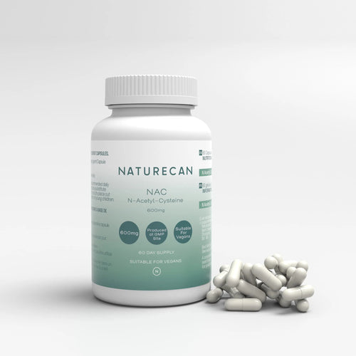 Naturecan NAC Supplements bottle with scattered white capsules on a plain background.