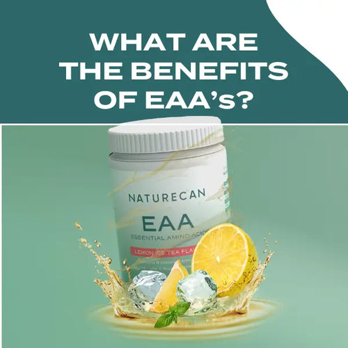 A jar of Naturecan Essential Amino Acids (EAA) with lemon ice tea flavour, surrounded by splashing lemons and ice cubes.