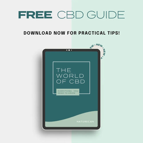 A digital tablet displays "The World of CBD" guide with "FREE CBD Guide" text above.
