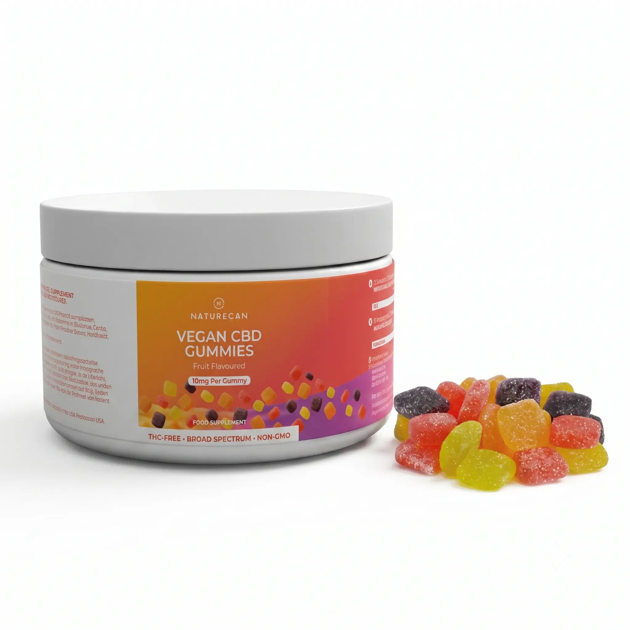Jar of Vegan CBD Gummies with colorful gummy bears on a white background