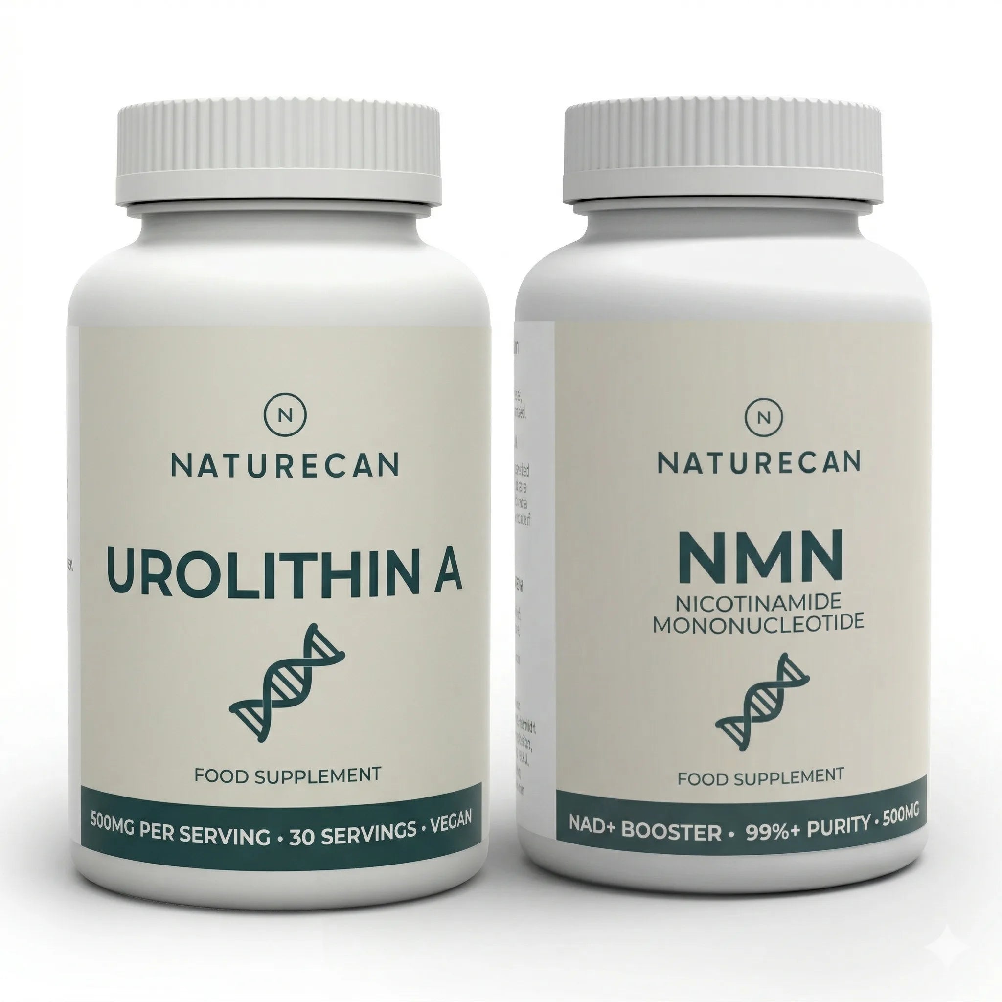 Two supplement bottles labeled 'Urolithin A' and 'NMN' by Naturecan on a white background.