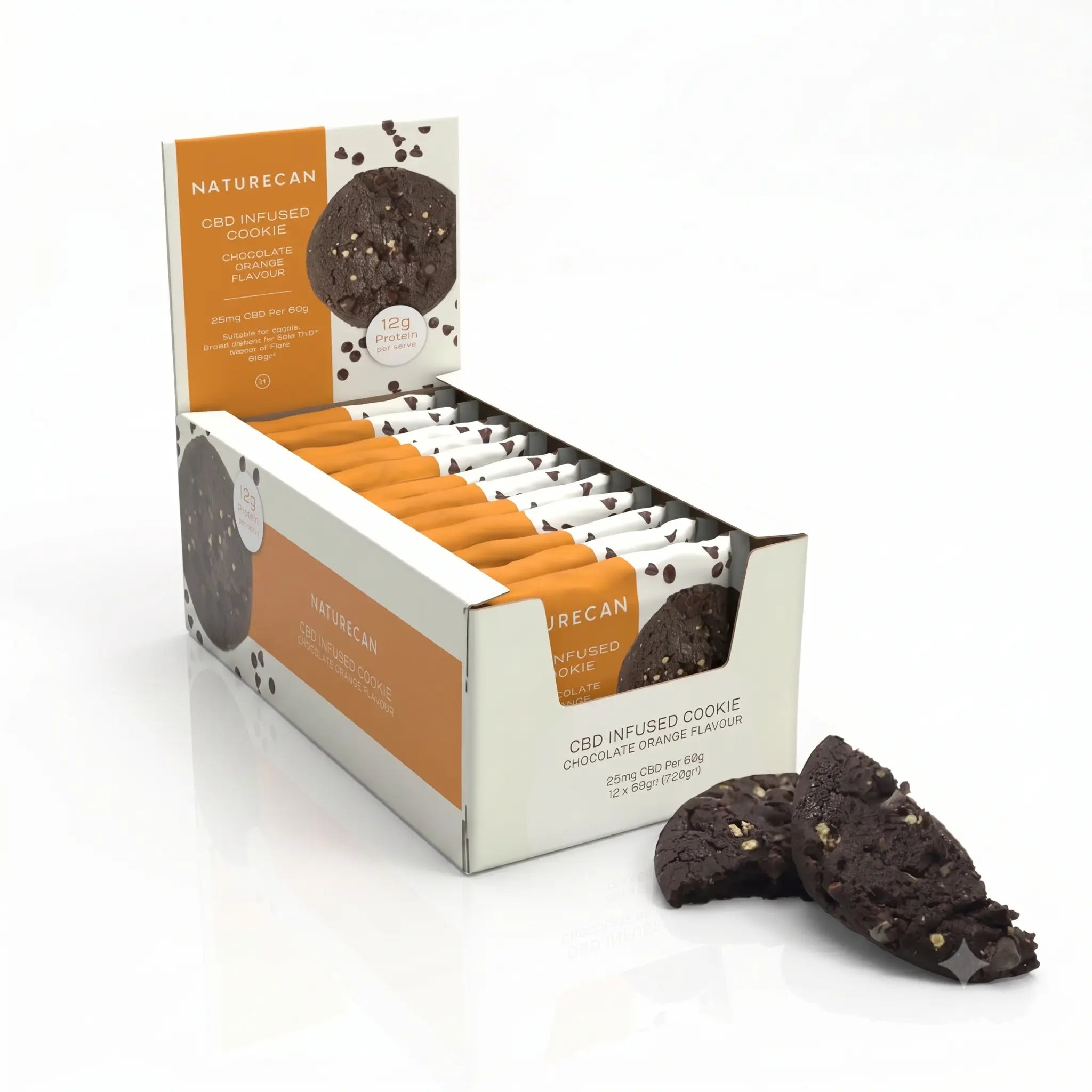 Box of Naturecan CBD-infused cookies with two cookies displayed in front on a white background