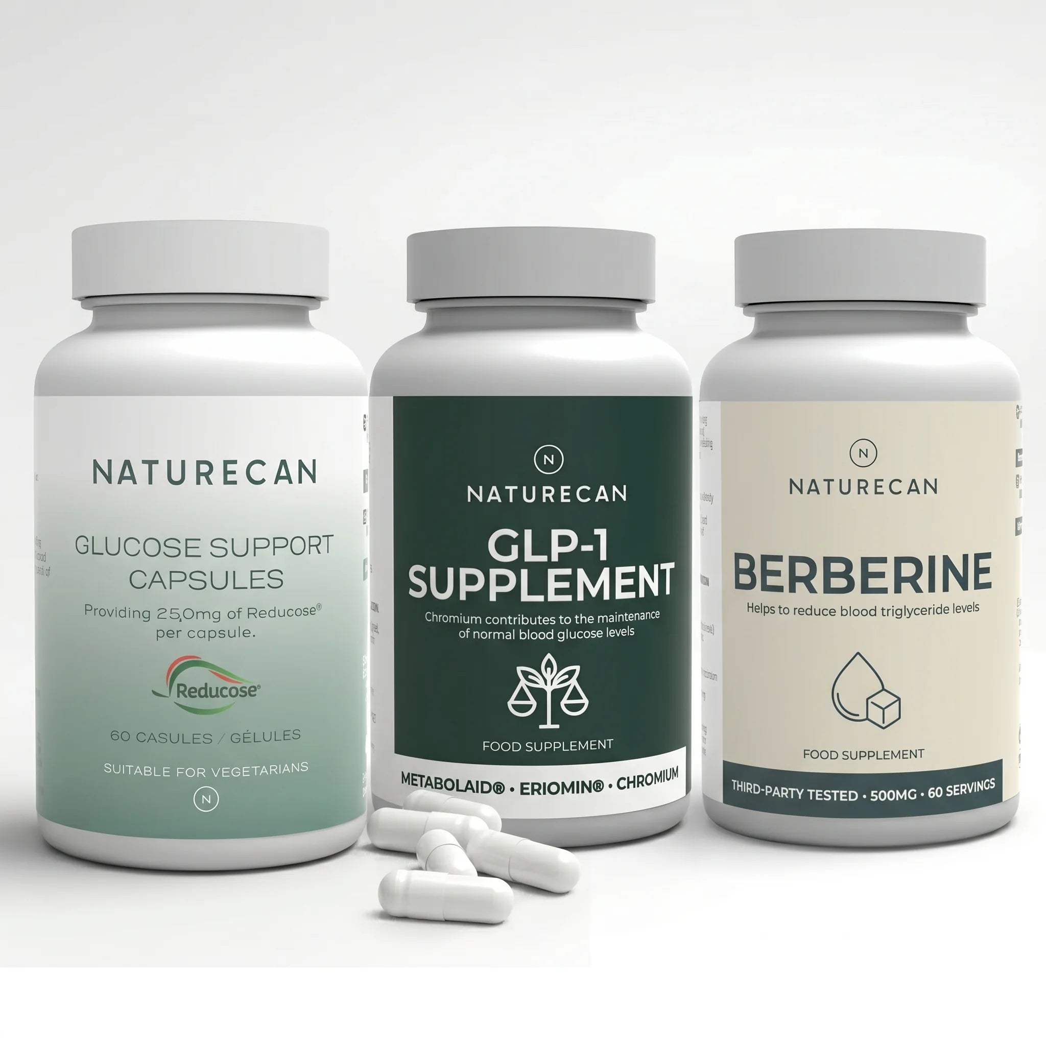 Three supplement bottles labeled 'Naturecan' with different supplement types on a white background.