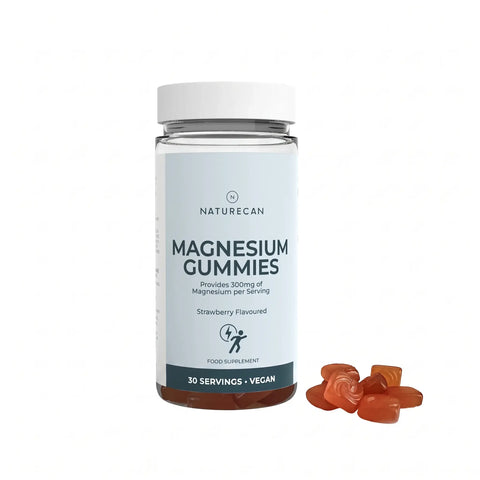 Bottle of Naturecan magnesium gummies with gummies on a white background