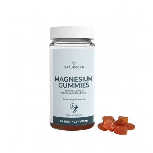 Bottle of Naturecan magnesium gummies with gummies on a white background