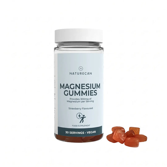 Bottle of Naturecan magnesium gummies with gummies on a white background