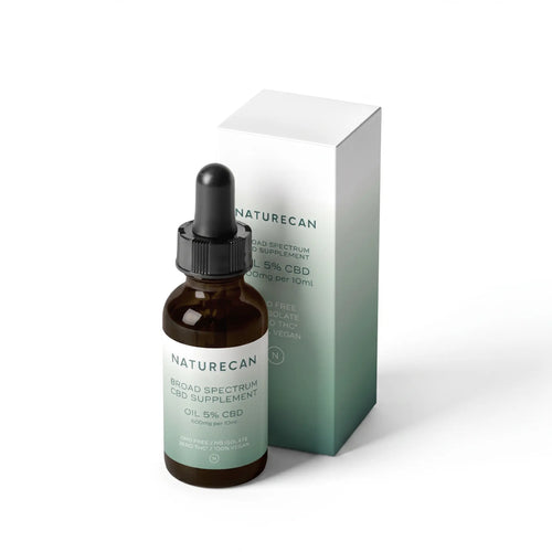 A bottle of Naturecan 5% CBD oil with its packaging box in a gradient design.