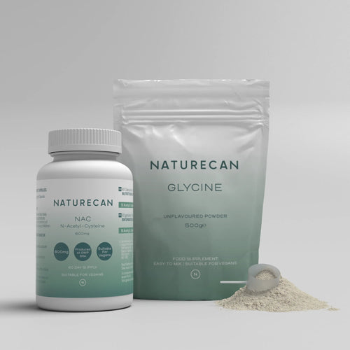 Glynac Bundle with Naturecan NAC capsules and Glycine powder in a pouch, featuring a small scoop of powder.