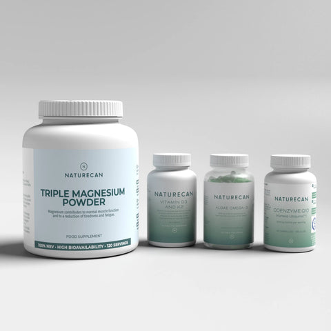 Heart Health Bundle with Triple Magnesium Powder, Vitamin D3 and K2, Algae Omega-3, and Coenzyme Q10 bottles.