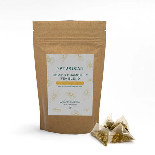 Brown bag of Naturecan Hemp & Chamomile Tea Blend with visible tea bags beside it.
