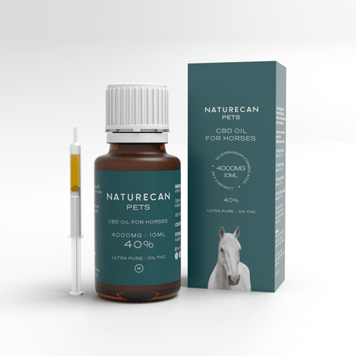 Bottle and box of CBD Oil for Horses with a syringe, labeled 4000mg/10ml, 40% strength.