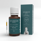Bottle of CBD Oil for Horses by Naturecan Pets, 12000mg/30ml, 40% strength, with a syringe beside it.