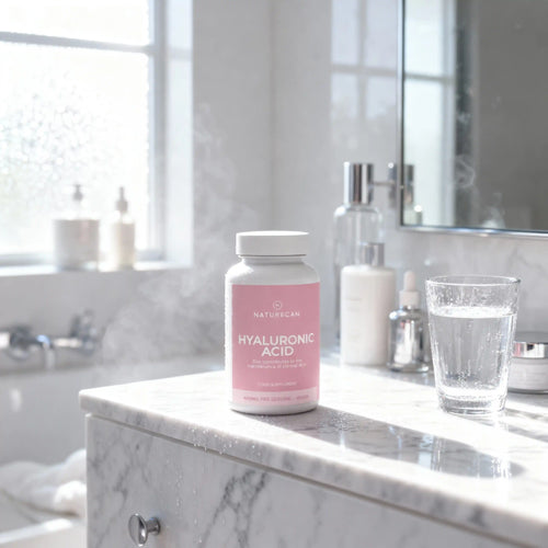 A bottle of Hyaluronic Acid Capsules by Naturecan sits on a marble bathroom counter near a glass of water.