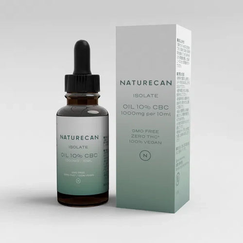 A bottle of Naturecan CBC Oil 10% with a matching box, featuring a dropper cap and green gradient label.