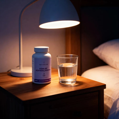KSM-66® Ashwagandha bottle on a bedside table next to a glass of water under a lamp.