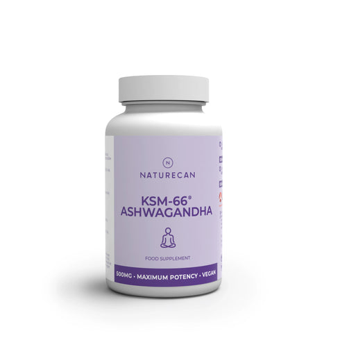 KSM-66® Ashwagandha bottle with a light purple label, featuring "500mg" and "vegan" text.