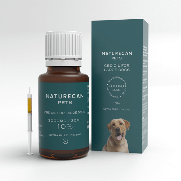 Bottle and box of CBD Oil for Dogs by Naturecan, labeled for large dogs with 3000mg/30ml and 10% strength.