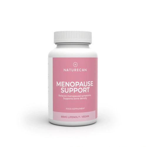 White bottle with a pink label displaying "MENOPAUSE SUPPORT" and "85MG LIFENOL® - VEGAN" beneath a screw cap.