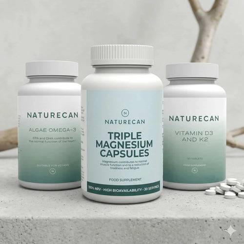 Three Naturecan supplement bottles on a gray surface with a neutral background