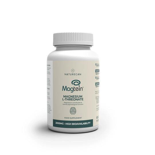 Magnesium L-Threonate by Magtein in a white bottle labeled 2000mg with high bioavailability.