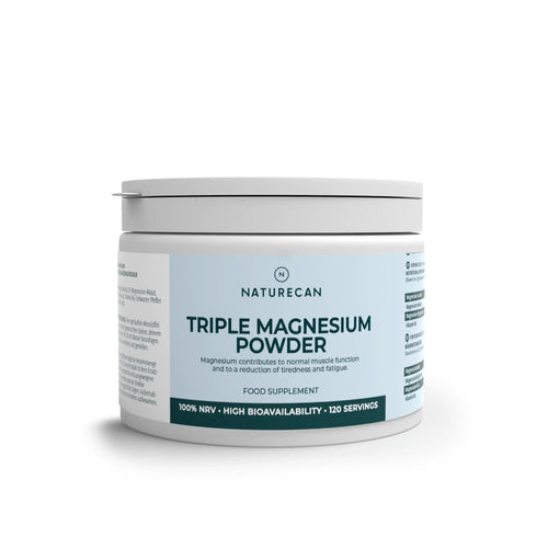 A jar of Naturecan Triple Magnesium Powder with a blue label detailing its benefits and serving information.