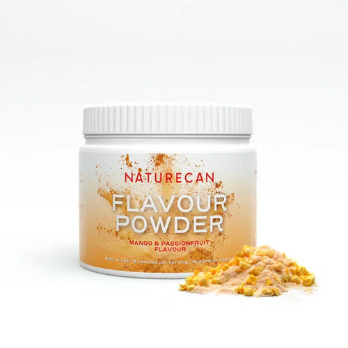 Naturecan Flavour Powder in a white jar with mango and passionfruit flavour, with some powder scattered in front.