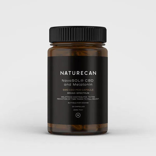 A brown bottle labeled "Naturecan NovaSOL® CBD and Melatonin" with a black cap.