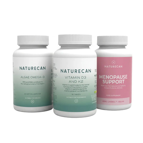 Three white Naturecan supplement bottles on a white background: Algae Omega-3, Vitamin D3 and K2, and Menopause Support.