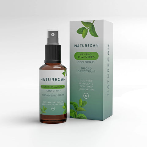 Menthol flavoured CBD Spray 10ml bottle with matching box displaying "broad spectrum" and "100% vegan" labels.