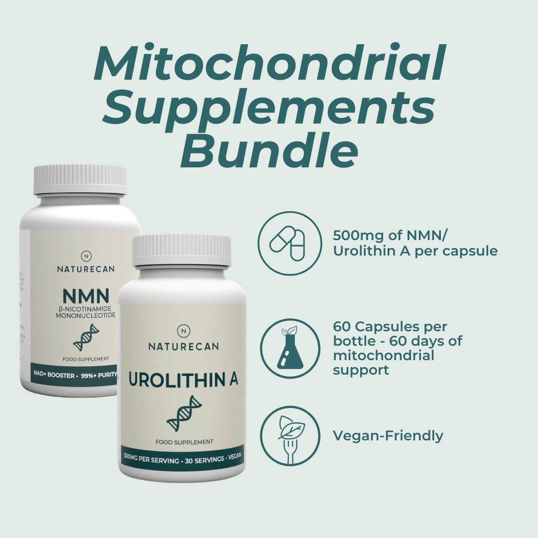 Two mitochondrial supplements with text on a light blue background