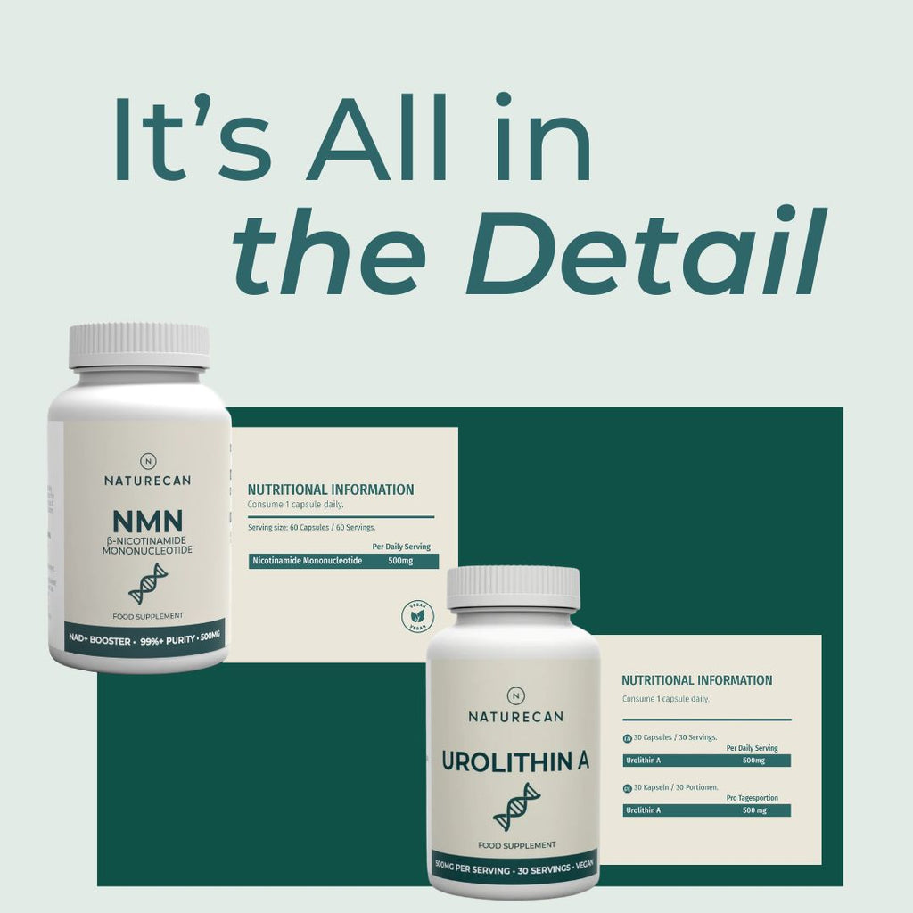 Two supplement bottles with labels and text on a light blue background