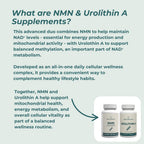 NMN and Urolithin A supplements with descriptive text about their benefits on a light blue background.